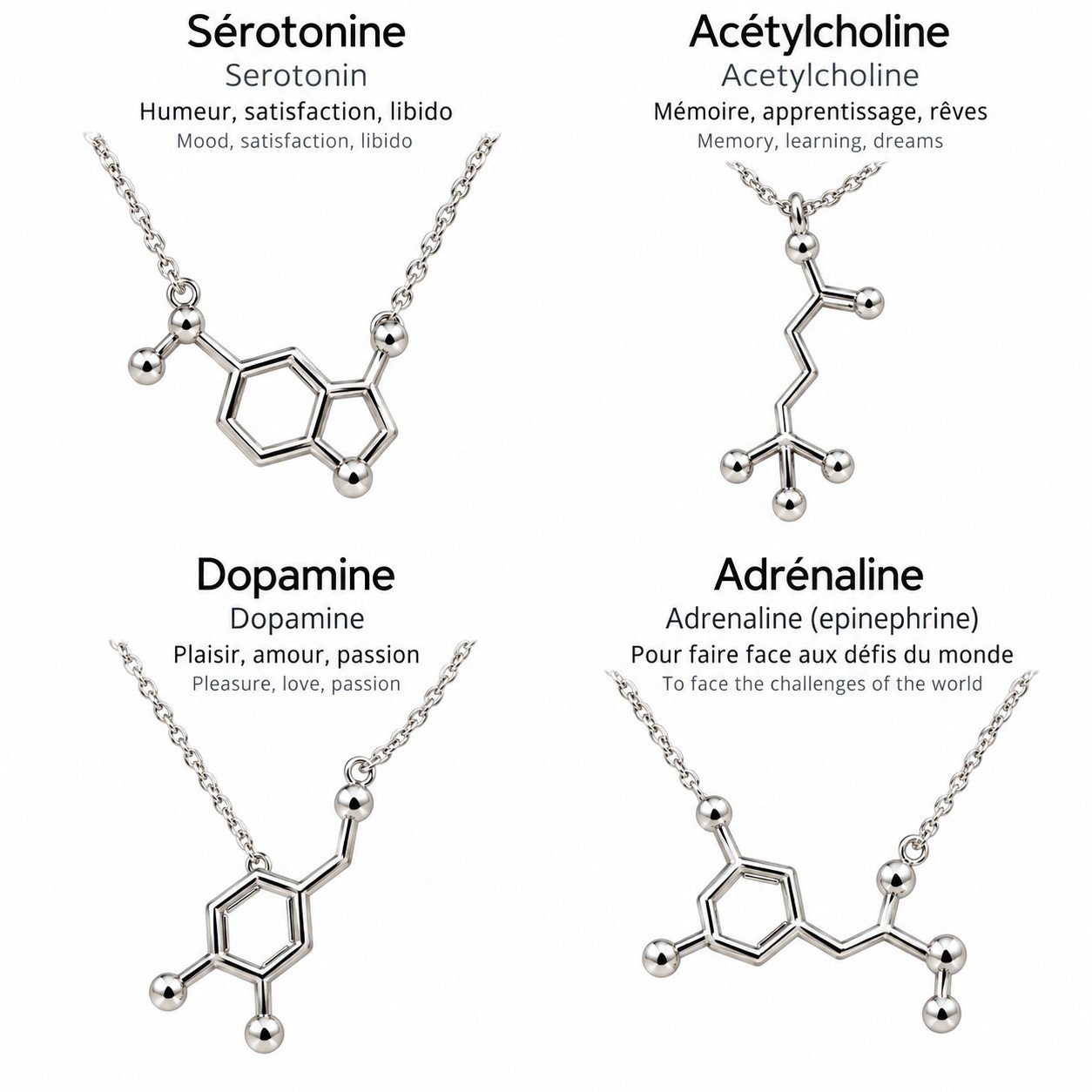 Pendentifs neurotransmetteurs (dopamine, adrénaline, sérotonine, acétylcholine) - bijoux de science