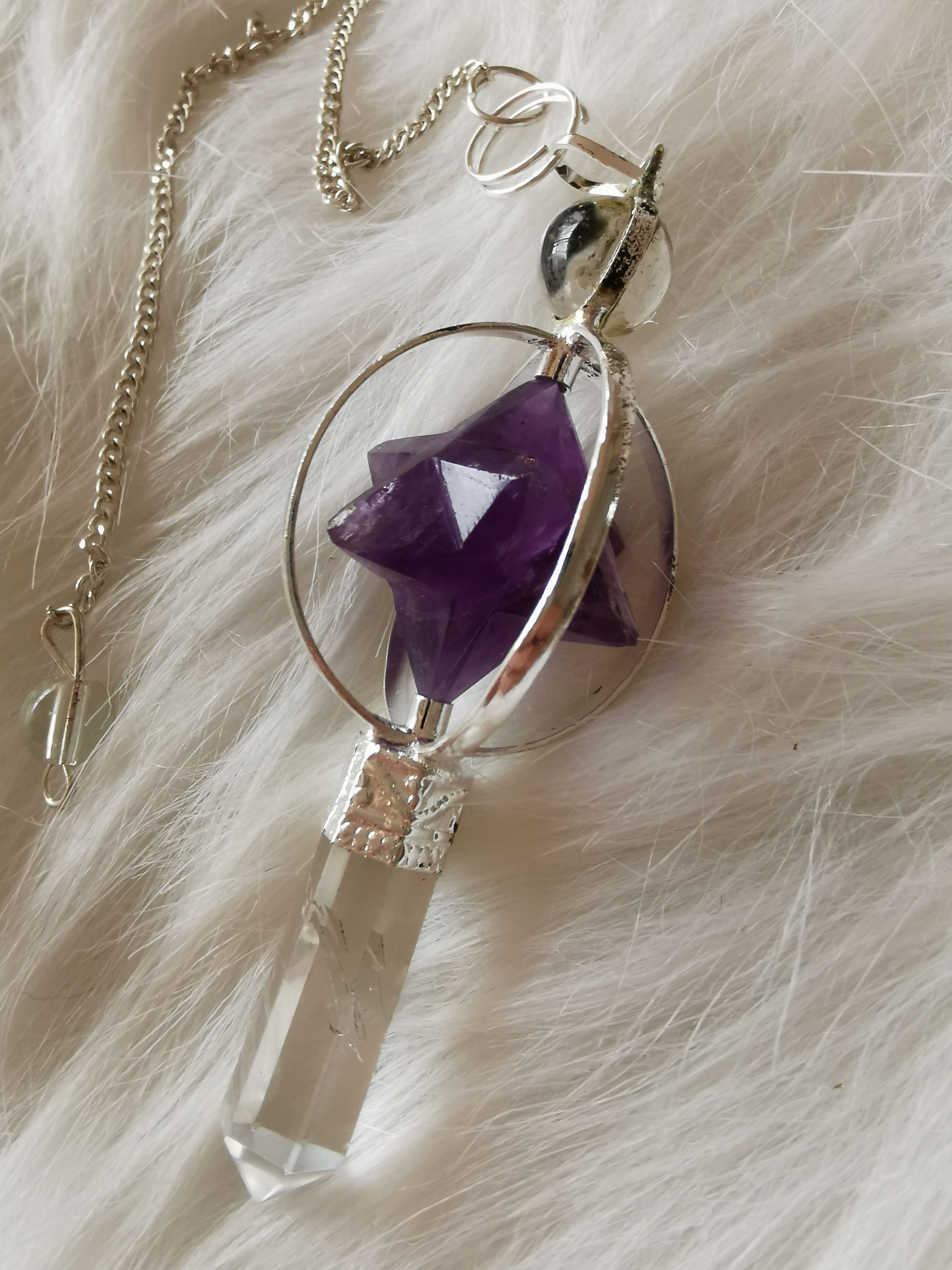 Pendule - Collier "Merkaba" Améthyste et Cristal de Roche