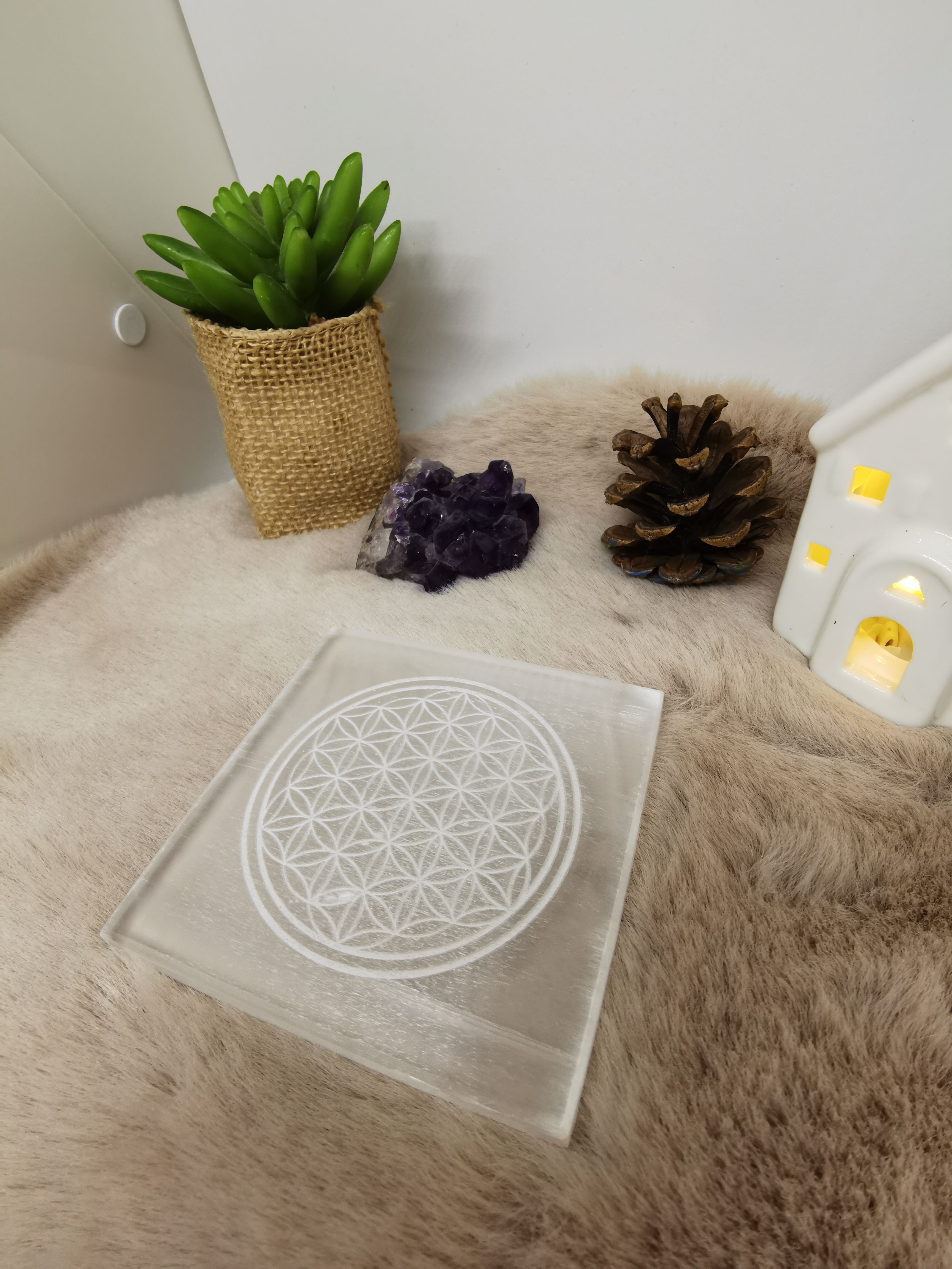 🌸 « Fleur de vie - Sélénite » - Plaque rectangulaire 8 cm