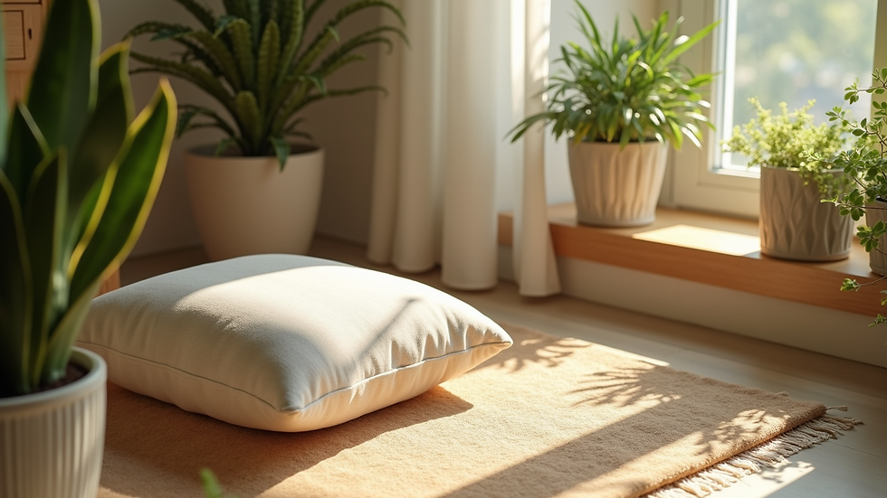 High angle view of a meditation cushion placed in a sunlit corner with plants