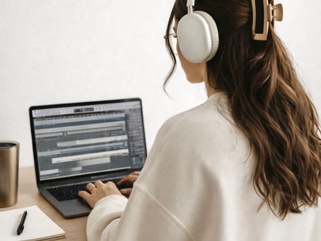 Eine junge Frau die an einem Laptop sitzt und ein Programm zur Musikproduktion geöffnet hat. Sie trägt Kopfhörer und erweckt den Anschein zu arbeiten. Das Bild ist ruhig, freundlich aber auch ästhetisch.