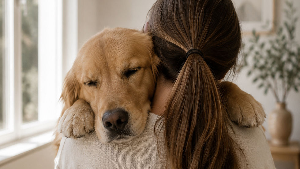 Eine Frau die ihren Hund umarmt und mit ihm gemeinsam das Lied von KlangSchön hört