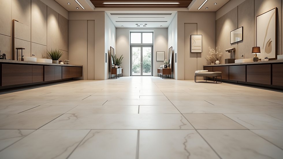Eye-level view of modern ceramic tiles displayed in a showroom