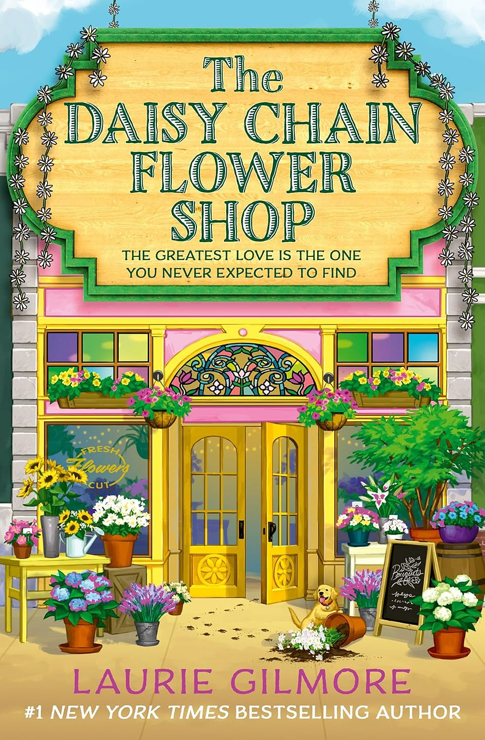 Bright illustrated book cover of The Daisy Chain Flower Shop by Laurie Gilmore, showing a colorful flower shop and small dog.