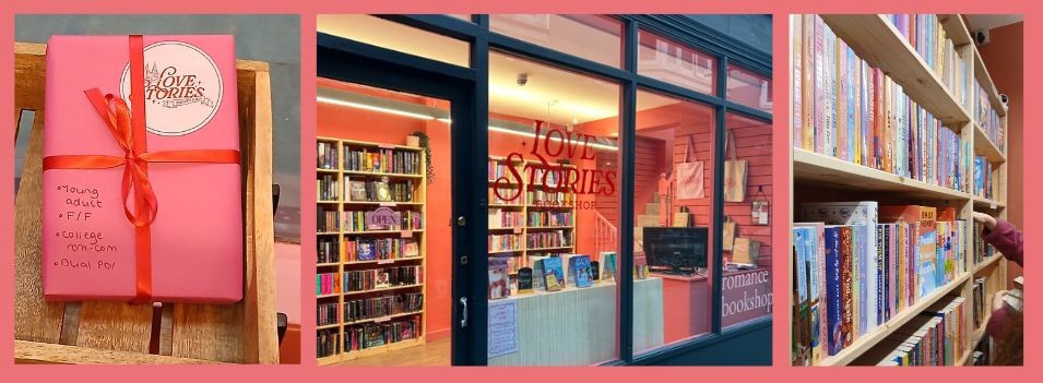 Pink gift-wrapped book with Love Stories label beside a bookstore and colorful shelves, with a hand browsing books.