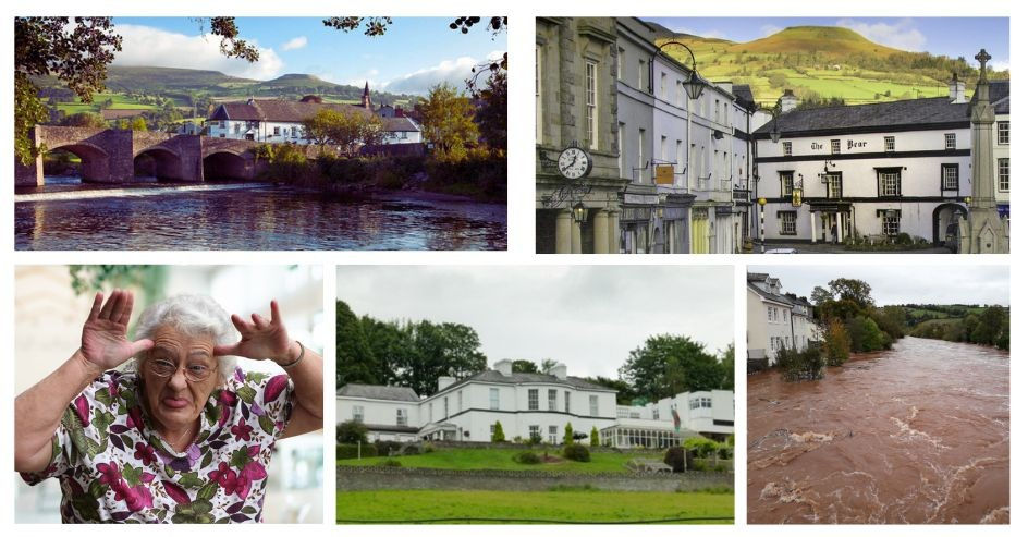 Collage of the River Usk with a stone bridge, an old white manor house, a high street with a mountain behind it, clock tower, lush greenery, and a cheerful elderly woman gesturing playfully.