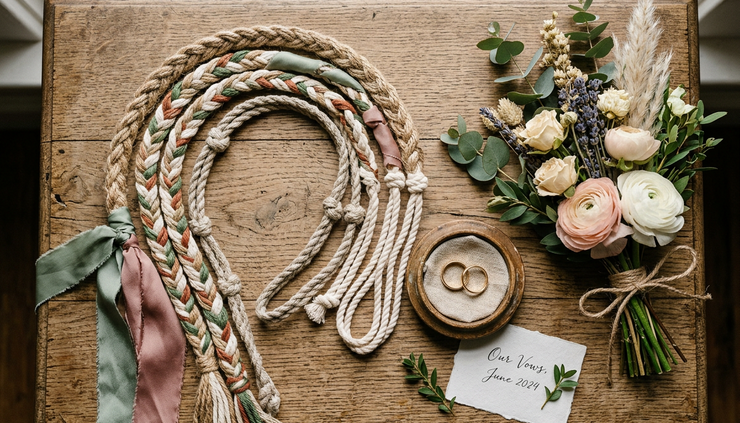 Overhead view of several handfasting cords arranged beside wedding rings and flowers.