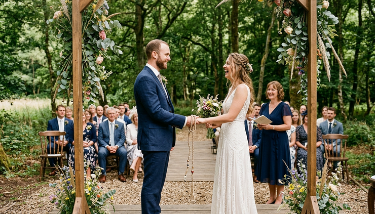 Wide-angle view of a couple standing together with a handfasting cord during a small outdoor wedding.