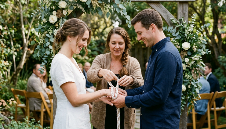 Eye-level view of an officiant wrapping a soft cord around a couple’s joined hands.