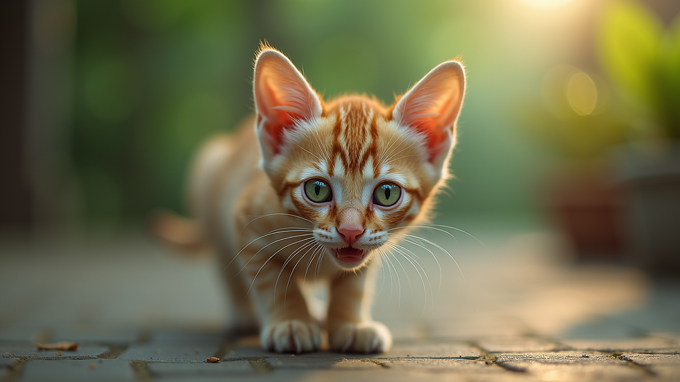 Close-up view of a playful cat with bright green eyes