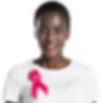 young african american woman with pink ribbon on t-shirt smiling at camera isolated on white, breast