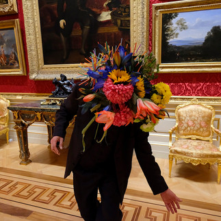 Floral face mask in art gallery