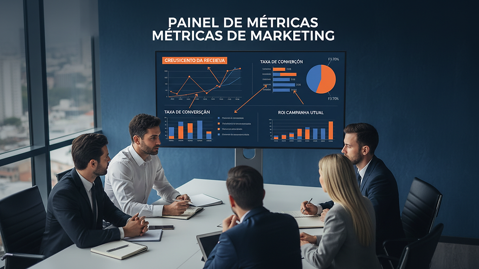 High angle view of a business team analyzing marketing metrics on a screen