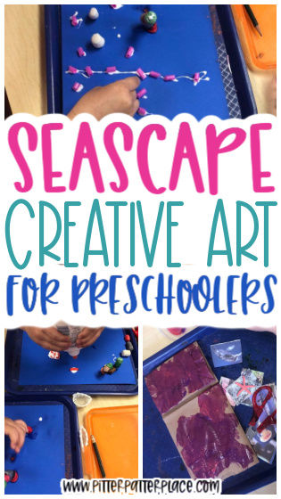 collage of preschool seascape activities with text: Seascape Creative Art for Preschoolers