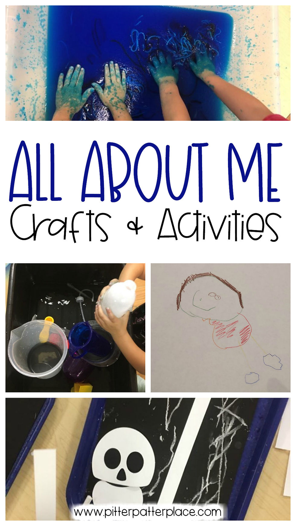 collage of preschool activities with text: All About Me Crafts & Activities