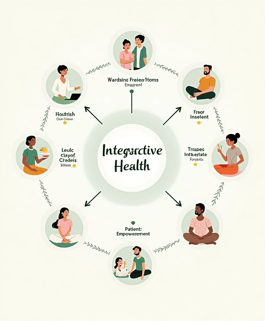 Um infográfico que ilustra os princípios da saúde integrativa, com ícones representando tratamento holístico, colaboração entre profissionais, foco na prevenção e empoderamento do paciente. O fundo deve ser claro e informativo, com cores que transmitam calma.