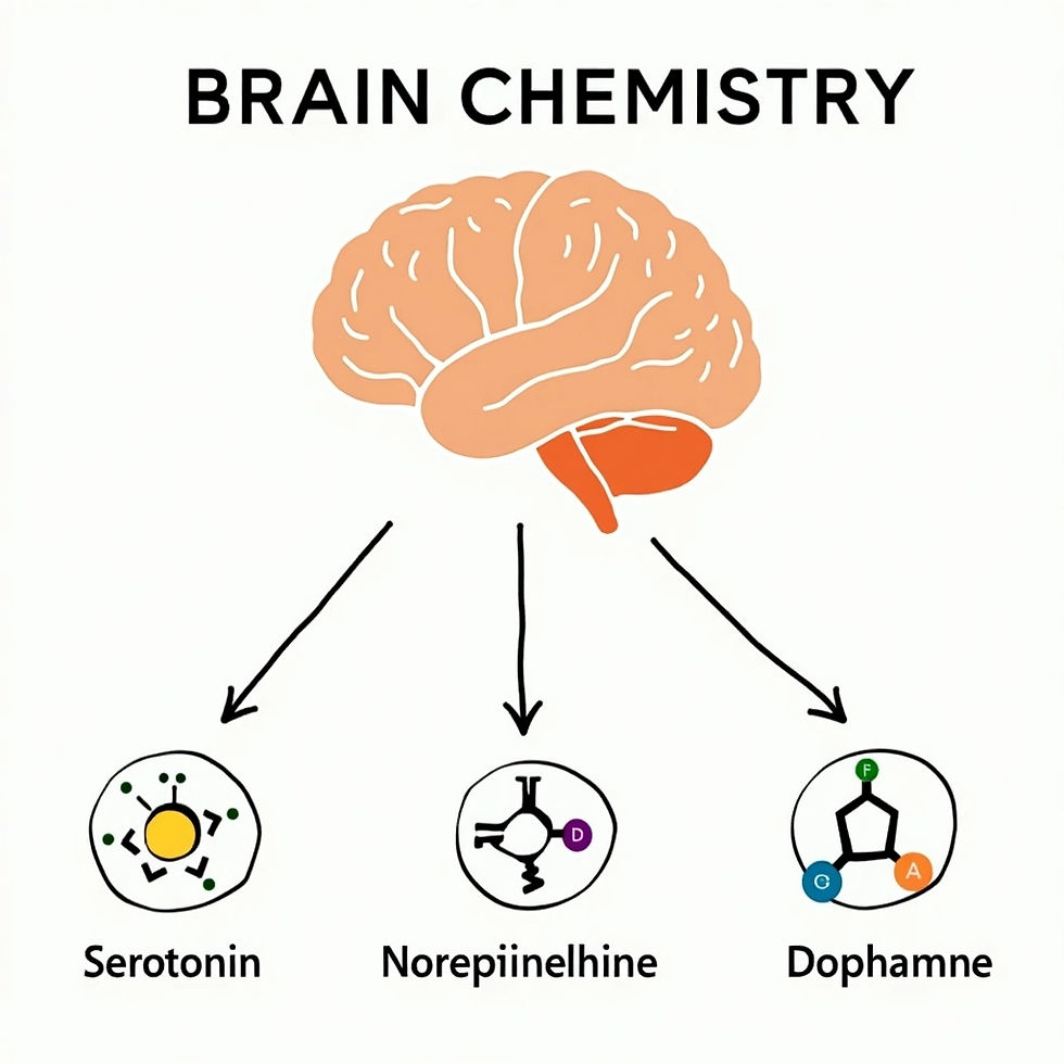 Um gráfico que ilustra a química cerebral, mostrando neurotransmissores como serotonina, noradrenalina e dopamina, com setas indicando suas funções. O fundo deve ser claro e informativo, com ícones que representem cada neurotransmissor. Estilo: infográfico