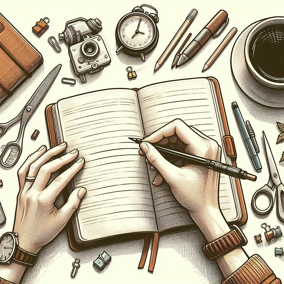 Um desenho a lápis de um caderno, em cima as mãos de uma mulher segurando um  lapis como se estivesse escrevendo em um diário.