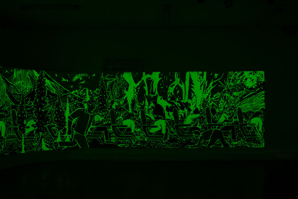 Glow-in-the-dark and tinted acrylic latex paints on canvas, 2000 × 210 cm, 2024