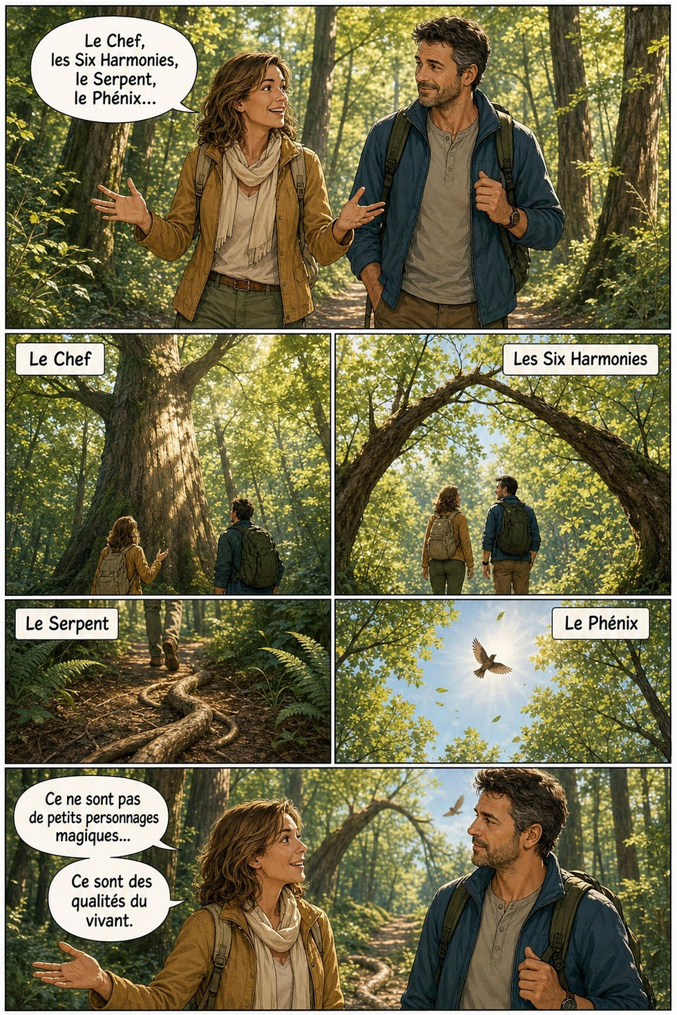 Le Chef, les Six Harmonies, le Serpent, le Phoénix : quatre qualités du vivant, incarnées par un arbre, une arche de branches, une racine sinueuse et un oiseau dans la lumière. « Ce ne sont pas de petits personnages magiques… ce sont des qualités du vivant. » Les déités posées comme fréquences à connaître, pas comme forces à invoquer.