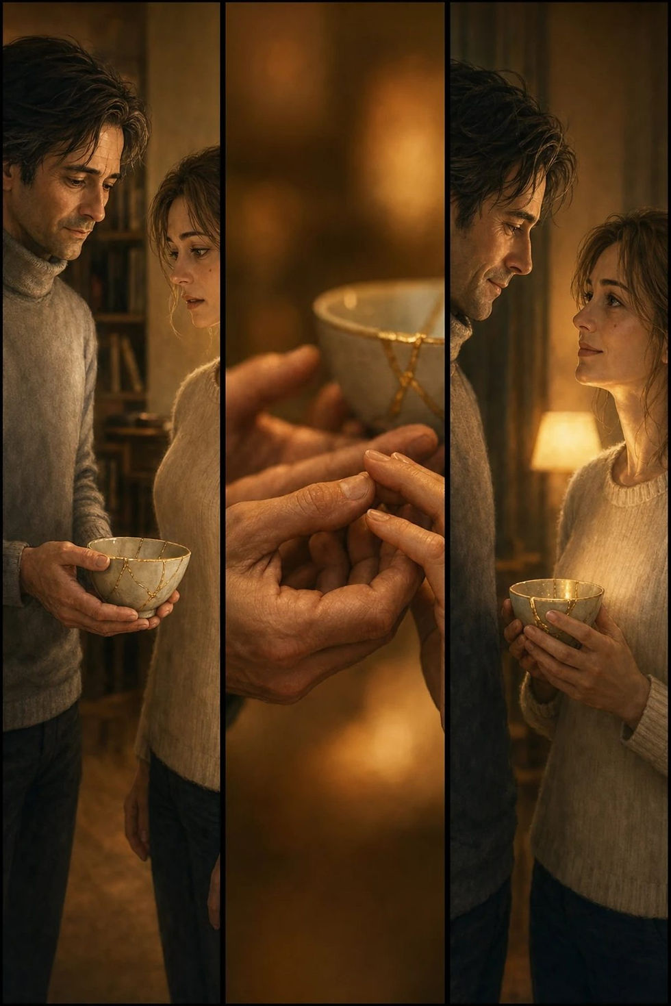 BD Les Lignes d'Or – Le couple réuni partageant le bol kintsugi – guérison des liens