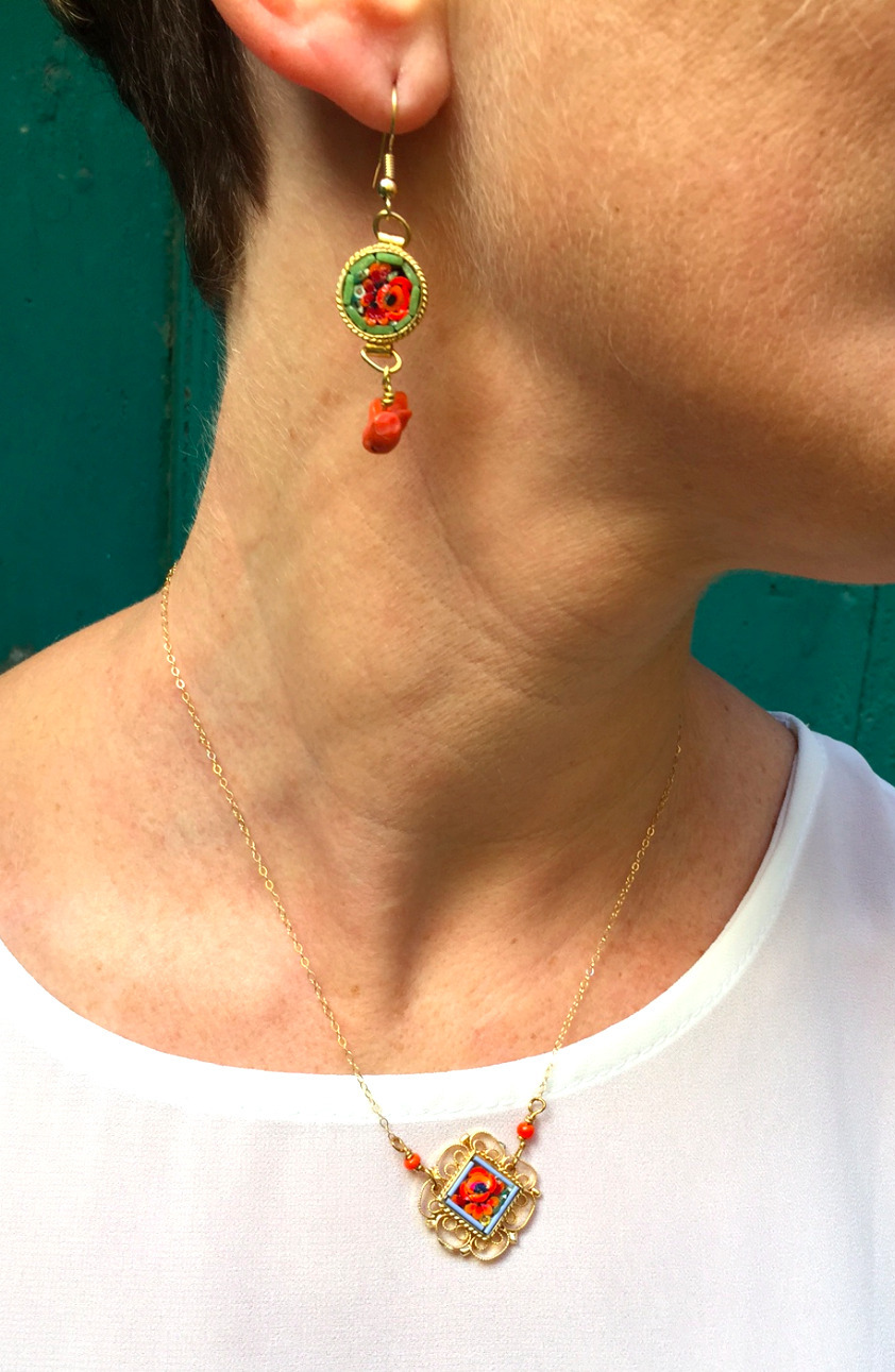 Mosaic Necklace Earrings and coral