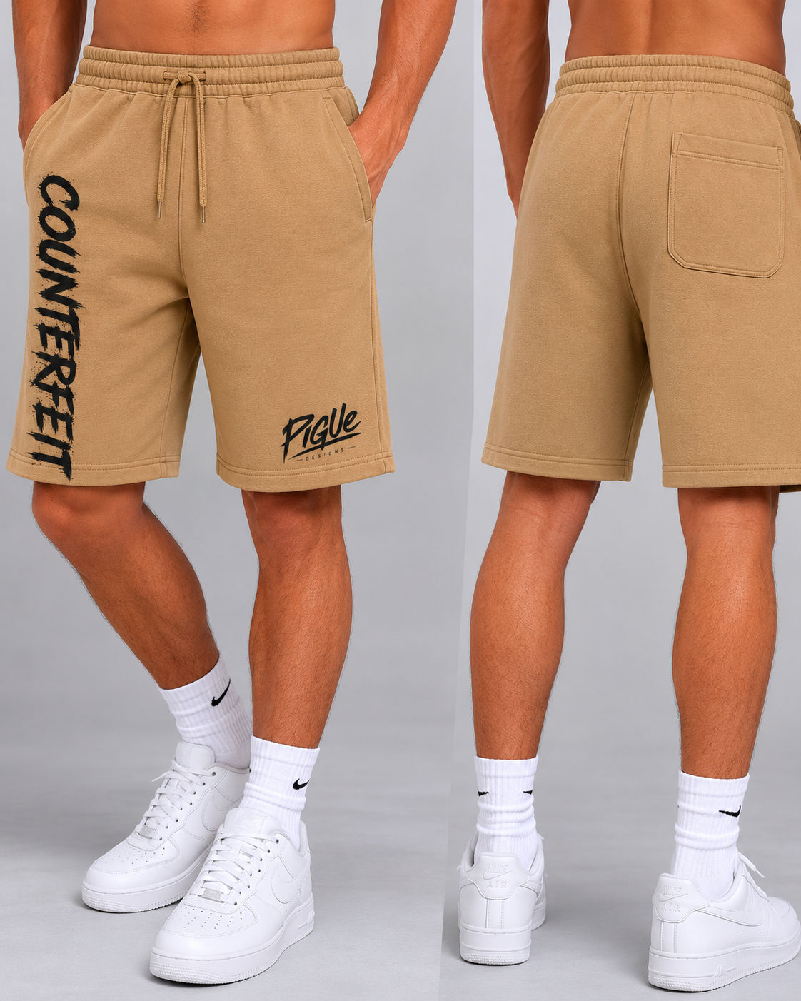 Pigue Designs - Black Counterfeit Logo Tan Fleece Pocket Shorts 