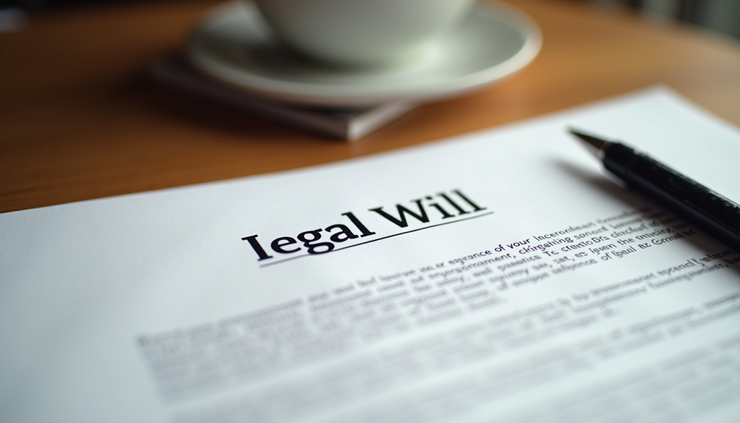 Eye-level view of a legal document on a wooden desk with a pen beside it