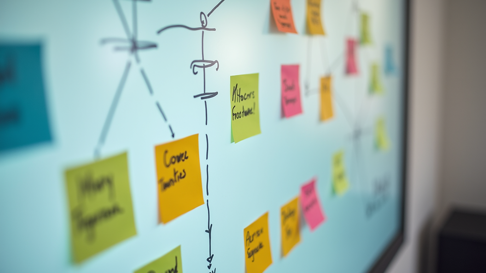 High angle view of a digital whiteboard filled with colourful sticky notes and diagrams