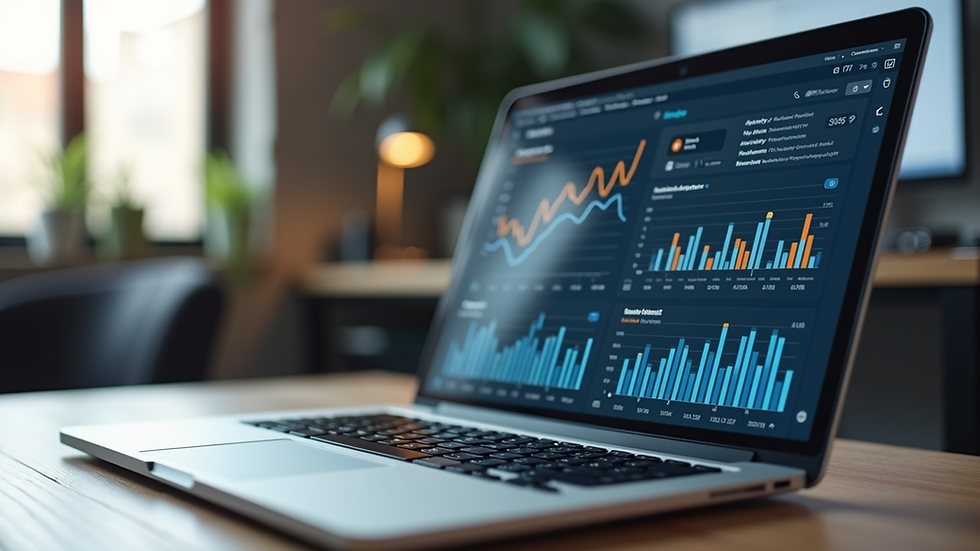 Eye-level view of a modern office desk with a laptop and business analytics on screen