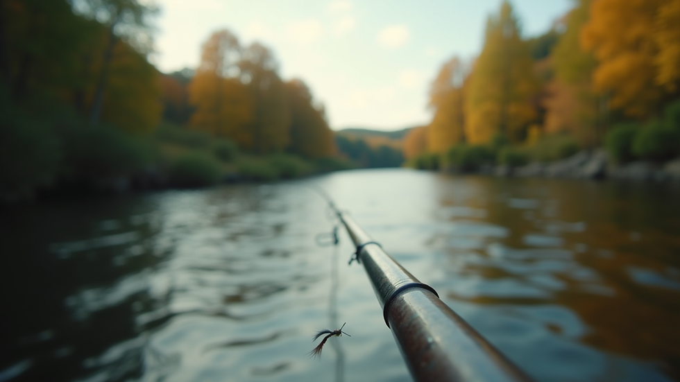 Eye-level view of a fly fishing rod casting over a calm river