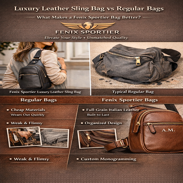 Fenix Sportier Designer Sling Bag vs regular bag—luxury leather shine.