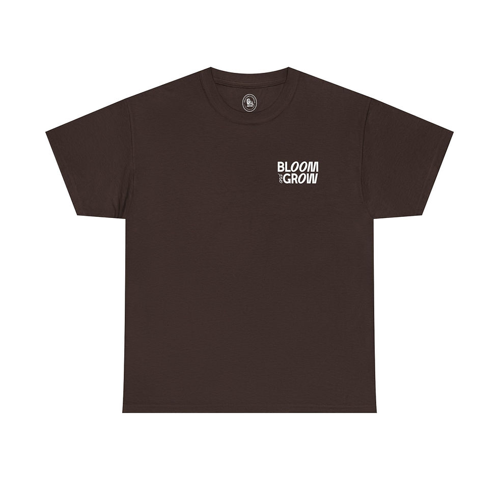 Brown t-shirt with Bloom and Grow text on the left chest, Truethreadswear.