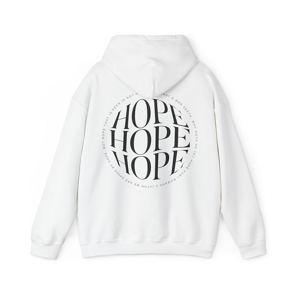White hoodie with "HOPE" text design on the back. Truethreadswear.