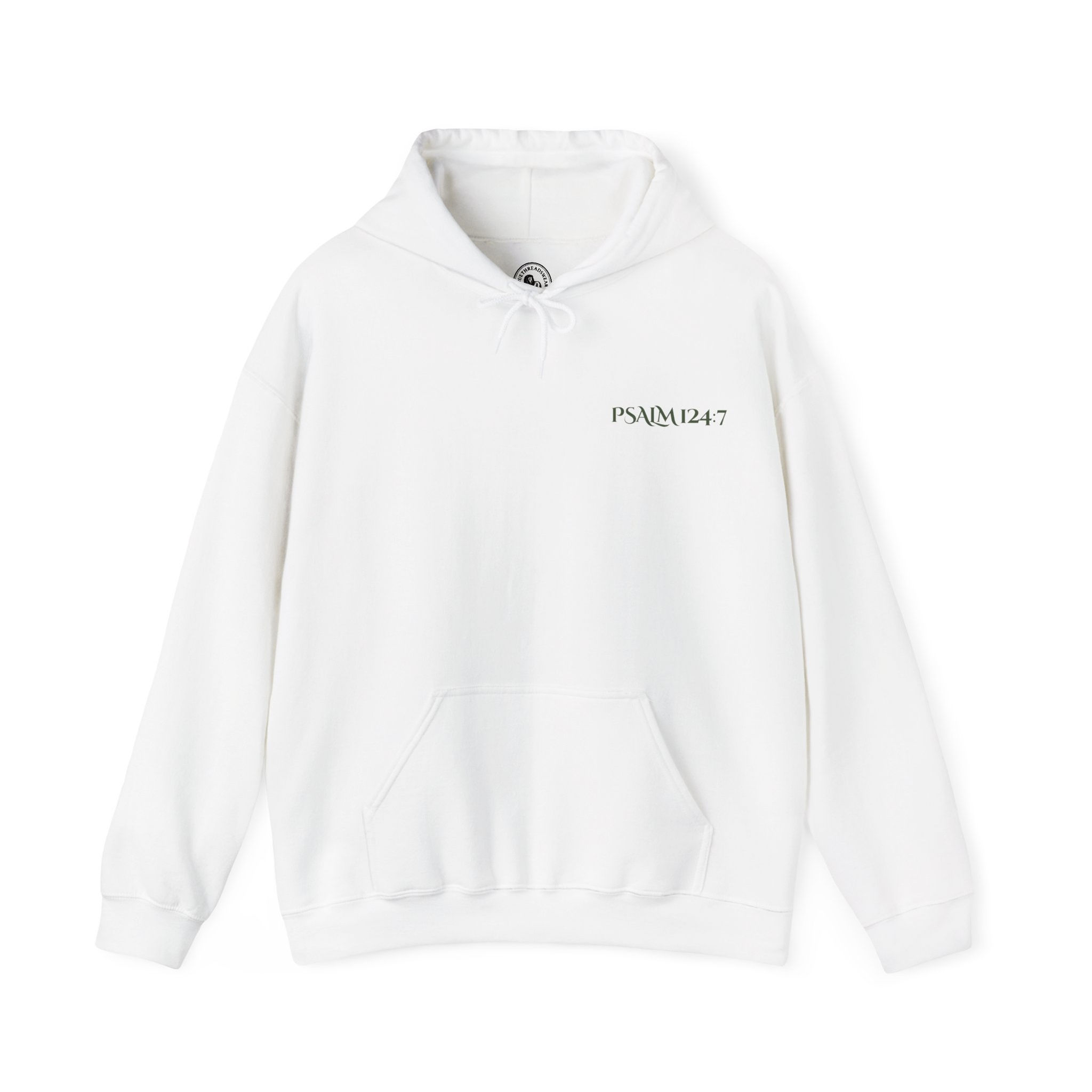 White hoodie with Psalm 124:7 text, a religious statement, and Truethreadswear brand.
