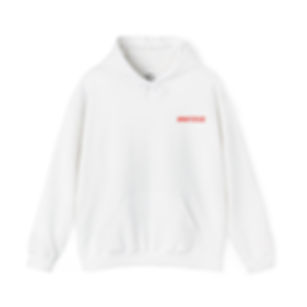 White hoodie with red text that reads Truethreadswear, a comfortable design.