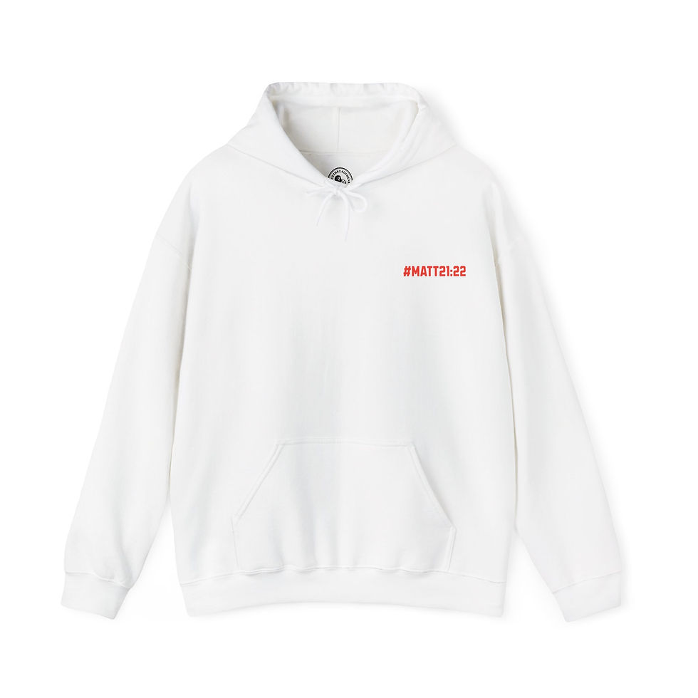 White hoodie with red text that reads Truethreadswear, a comfortable design.