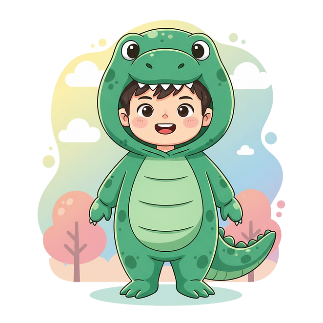 asian boy wearing a dinosaur costume, smiling, facing front, whole body, cute.png