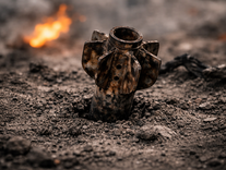 raket in het zand met vuur erachter