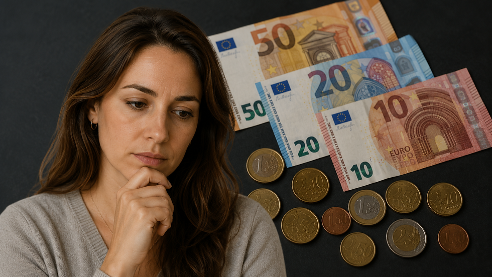 Een nadenkende vrouw staat op de voorgrond, met eurobiljetten en munten op een donkere achtergrond. De afbeelding verbeeldt de keuze tussen sparen en beleggen.