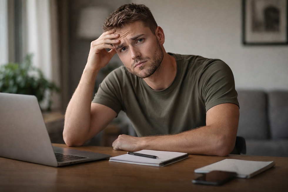 Een jonge belegger kijkt met paniek op van zijn laptop