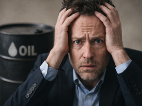 Gestreste man kijkt recht in de camera met handen in zijn haar, met een wazig olievat op de achtergrond dat stijgende energieprijzen symboliseert.