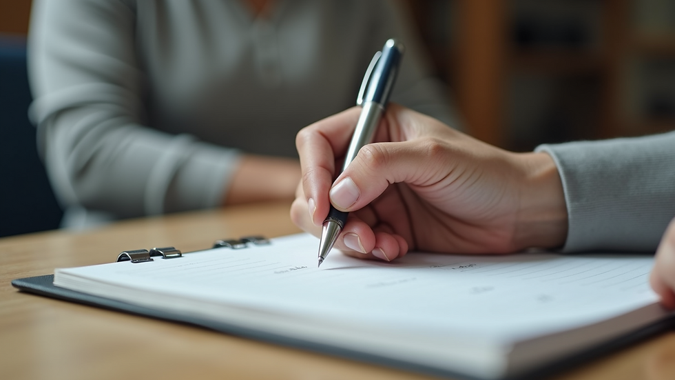 Close-up view of a counselor’s hand holding a pen over a notebook during a session