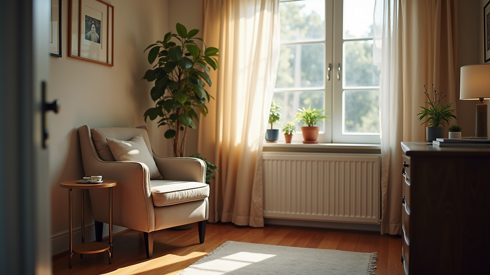 Eye-level view of a cozy counseling office with a comfortable chair and soft lighting