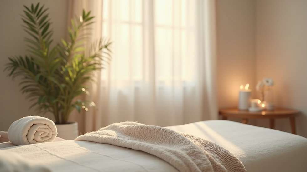 Close-up view of tranquil therapeutic space with soft lighting and calming decor