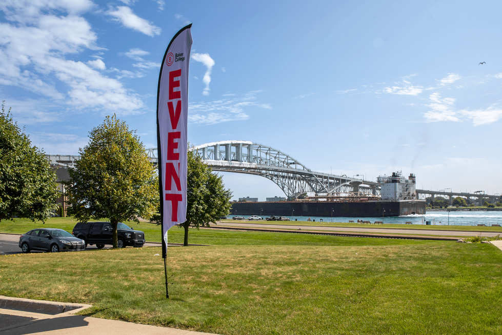Event signage in front of Blue Water Bridge