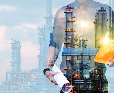 Double exposure of Engineer with safety helmet with oil refinery industry plant backgroun