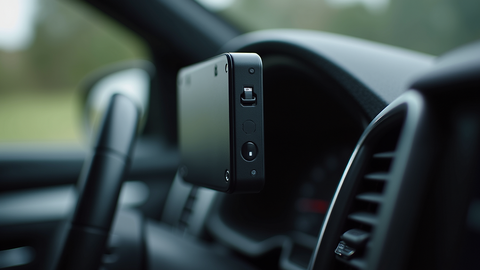Close-up view of a black box device installed in a car