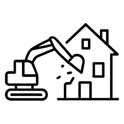 An icon of a machine demolishing a house.