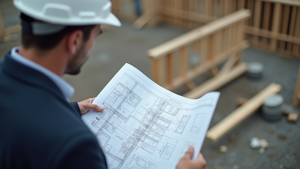 High angle view of a contractor reviewing blueprints on a construction site